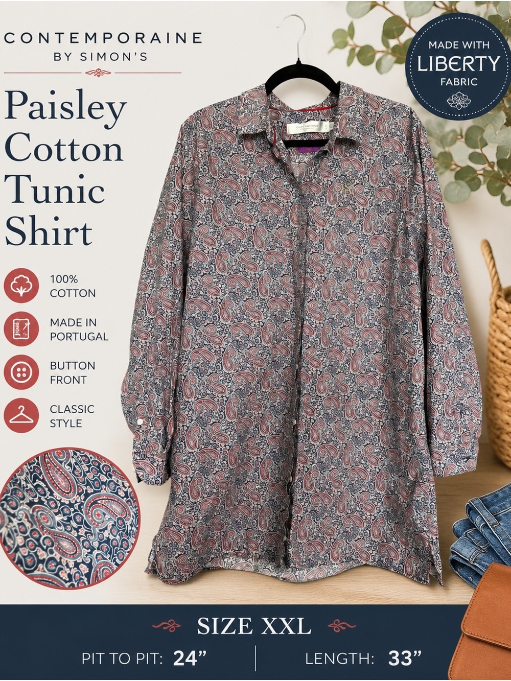 Contemporaine Simon’s Liberty Fabric Paisley Cotton Button Front XXL
